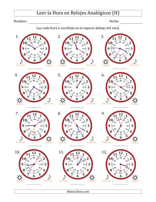 La hoja de ejercicios de Leer la Hora en Relojes Analógicos de 24 Horas en Intervalos de 1 Segundo (12 Relojes) (H)