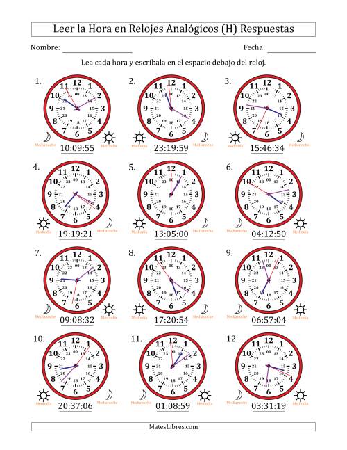 La hoja de ejercicios de Leer la Hora en Relojes Analógicos de 24 Horas en Intervalos de 1 Segundo (12 Relojes) (H) Página 2