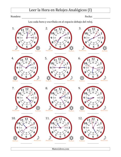 La hoja de ejercicios de Leer la Hora en Relojes Analógicos de 24 Horas en Intervalos de 1 Segundo (12 Relojes) (I)