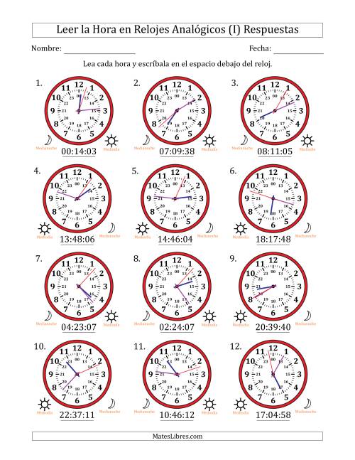 La hoja de ejercicios de Leer la Hora en Relojes Analógicos de 24 Horas en Intervalos de 1 Segundo (12 Relojes) (I) Página 2