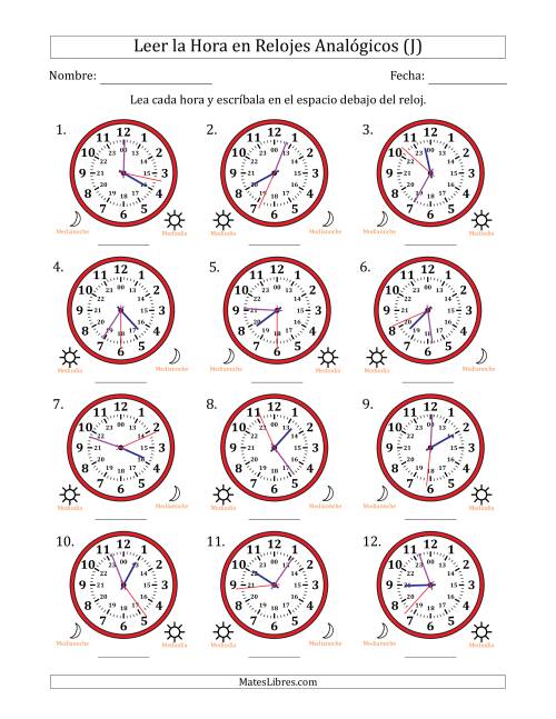 La hoja de ejercicios de Leer la Hora en Relojes Analógicos de 24 Horas en Intervalos de 1 Segundo (12 Relojes) (J)