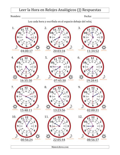 La hoja de ejercicios de Leer la Hora en Relojes Analógicos de 24 Horas en Intervalos de 1 Segundo (12 Relojes) (J) Página 2
