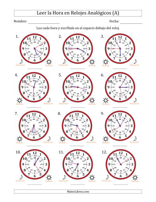 La hoja de ejercicios de Leer la Hora en Relojes Analógicos de 24 Horas en Intervalos de 1 Segundo (12 Relojes) (Todas)