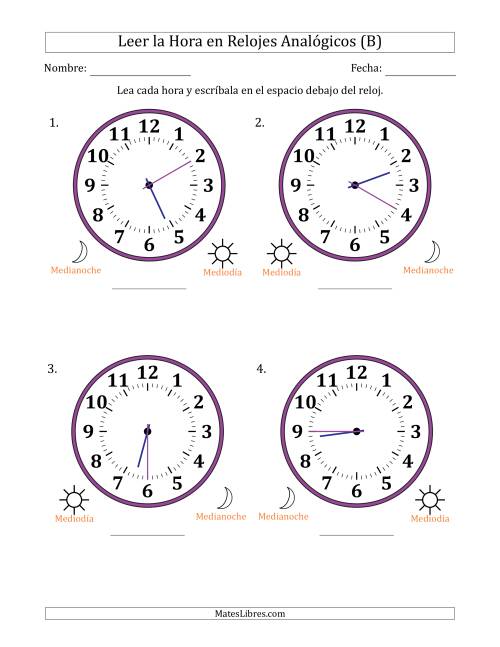 La hoja de ejercicios de Leer la Hora en Relojes Analógicos de 12 Horas en Intervalos de 5 Minuto (4 Relojes Grandes) (B)