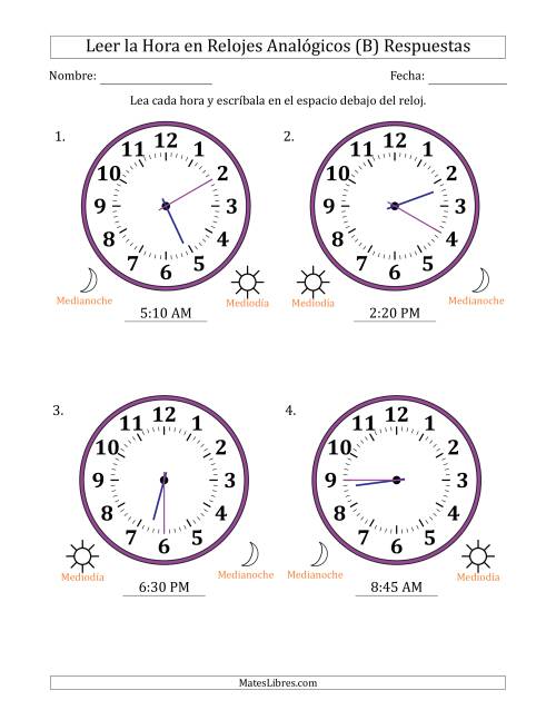 La hoja de ejercicios de Leer la Hora en Relojes Analógicos de 12 Horas en Intervalos de 5 Minuto (4 Relojes Grandes) (B) Página 2