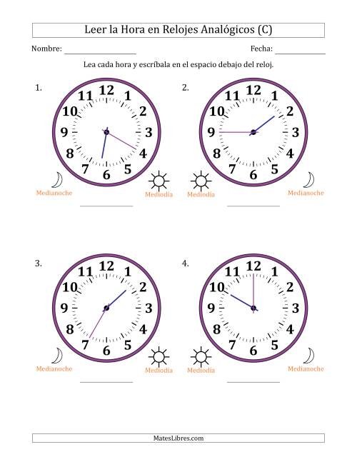 La hoja de ejercicios de Leer la Hora en Relojes Analógicos de 12 Horas en Intervalos de 5 Minuto (4 Relojes Grandes) (C)