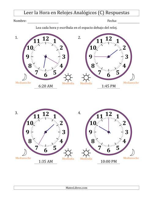 La hoja de ejercicios de Leer la Hora en Relojes Analógicos de 12 Horas en Intervalos de 5 Minuto (4 Relojes Grandes) (C) Página 2