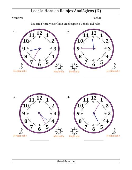 La hoja de ejercicios de Leer la Hora en Relojes Analógicos de 12 Horas en Intervalos de 5 Minuto (4 Relojes Grandes) (D)