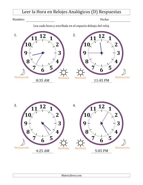 La hoja de ejercicios de Leer la Hora en Relojes Analógicos de 12 Horas en Intervalos de 5 Minuto (4 Relojes Grandes) (D) Página 2