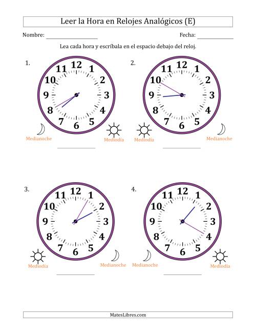 La hoja de ejercicios de Leer la Hora en Relojes Analógicos de 12 Horas en Intervalos de 5 Minuto (4 Relojes Grandes) (E)
