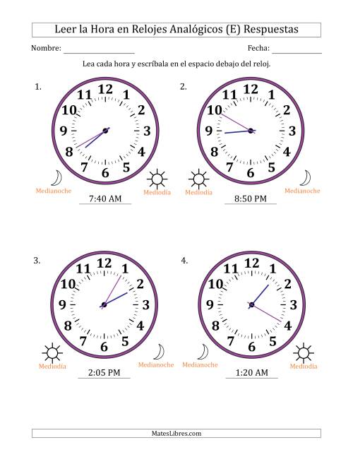 La hoja de ejercicios de Leer la Hora en Relojes Analógicos de 12 Horas en Intervalos de 5 Minuto (4 Relojes Grandes) (E) Página 2