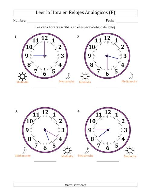 La hoja de ejercicios de Leer la Hora en Relojes Analógicos de 12 Horas en Intervalos de 5 Minuto (4 Relojes Grandes) (F)