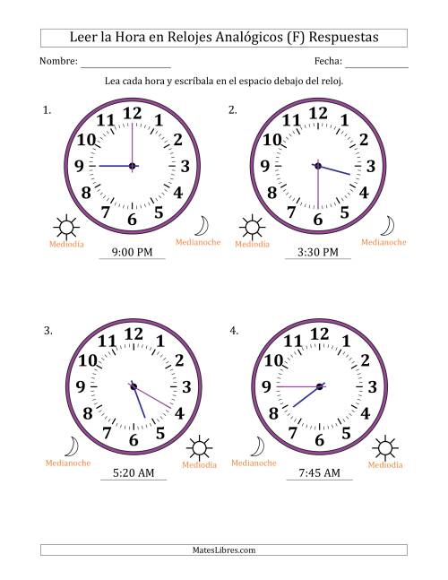 La hoja de ejercicios de Leer la Hora en Relojes Analógicos de 12 Horas en Intervalos de 5 Minuto (4 Relojes Grandes) (F) Página 2