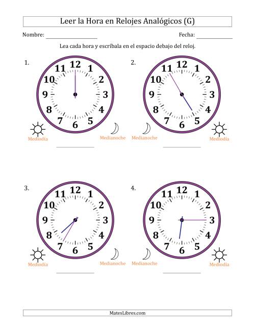 La hoja de ejercicios de Leer la Hora en Relojes Analógicos de 12 Horas en Intervalos de 5 Minuto (4 Relojes Grandes) (G)
