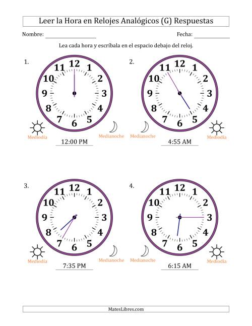 La hoja de ejercicios de Leer la Hora en Relojes Analógicos de 12 Horas en Intervalos de 5 Minuto (4 Relojes Grandes) (G) Página 2