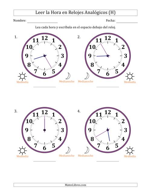 La hoja de ejercicios de Leer la Hora en Relojes Analógicos de 12 Horas en Intervalos de 5 Minuto (4 Relojes Grandes) (H)