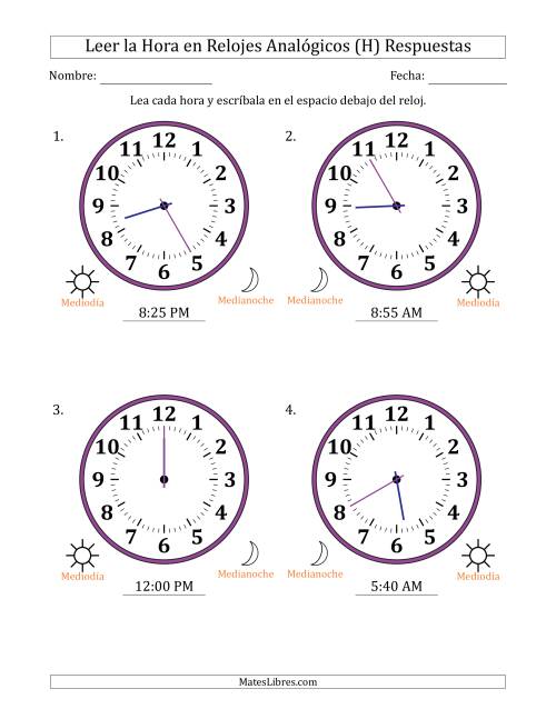 La hoja de ejercicios de Leer la Hora en Relojes Analógicos de 12 Horas en Intervalos de 5 Minuto (4 Relojes Grandes) (H) Página 2