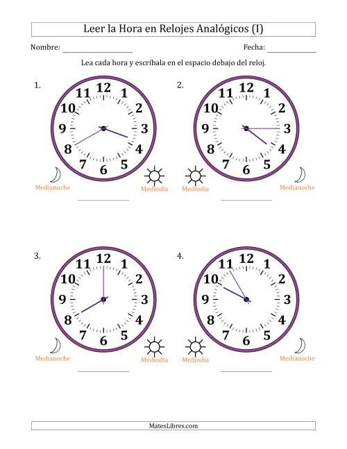 La hoja de ejercicios de Leer la Hora en Relojes Analógicos de 12 Horas en Intervalos de 5 Minuto (4 Relojes Grandes) (I)