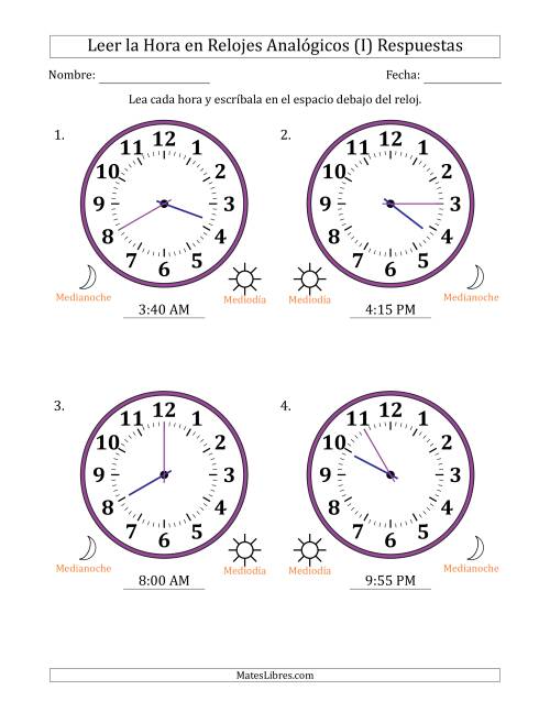 La hoja de ejercicios de Leer la Hora en Relojes Analógicos de 12 Horas en Intervalos de 5 Minuto (4 Relojes Grandes) (I) Página 2