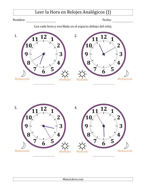 La hoja de ejercicios de Leer la Hora en Relojes Analógicos de 12 Horas en Intervalos de 5 Minuto (4 Relojes Grandes) (J)