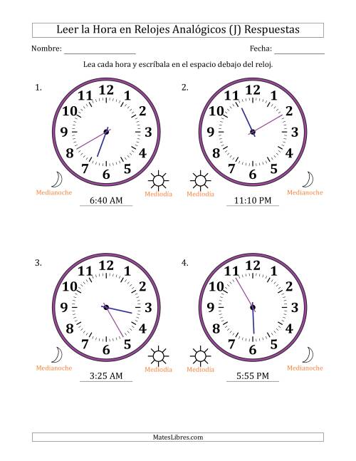 La hoja de ejercicios de Leer la Hora en Relojes Analógicos de 12 Horas en Intervalos de 5 Minuto (4 Relojes Grandes) (J) Página 2