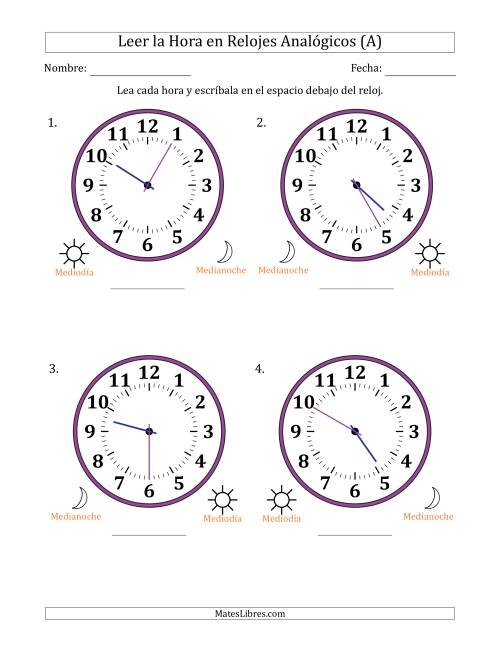 La hoja de ejercicios de Leer la Hora en Relojes Analógicos de 12 Horas en Intervalos de 5 Minuto (4 Relojes Grandes) (Todas)