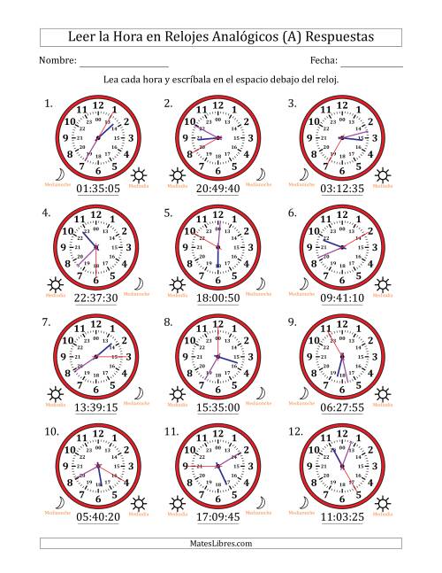 La hoja de ejercicios de Leer la Hora en Relojes Analógicos de 24 Horas en Intervalos de 5 Segundo (12 Relojes) (A) Página 2
