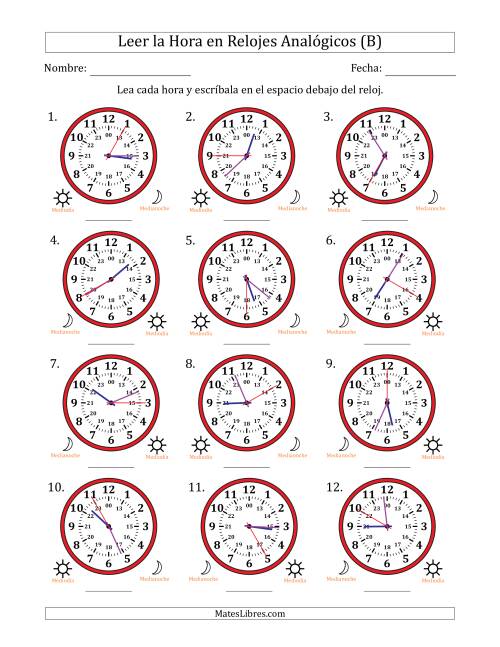 La hoja de ejercicios de Leer la Hora en Relojes Analógicos de 24 Horas en Intervalos de 5 Segundo (12 Relojes) (B)