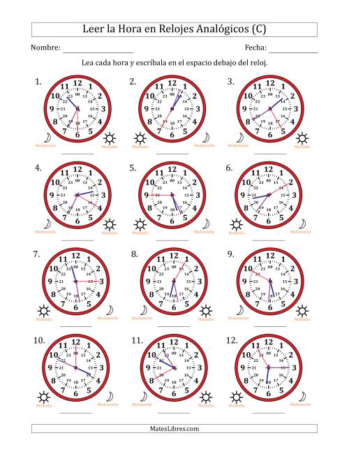 La hoja de ejercicios de Leer la Hora en Relojes Analógicos de 24 Horas en Intervalos de 5 Segundo (12 Relojes) (C)