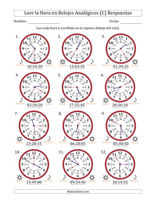 La hoja de ejercicios de Leer la Hora en Relojes Analógicos de 24 Horas en Intervalos de 5 Segundo (12 Relojes) (C) Página 2