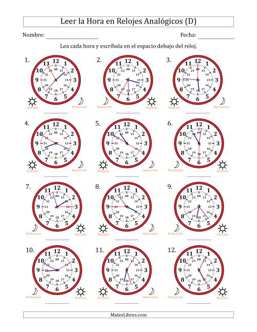 La hoja de ejercicios de Leer la Hora en Relojes Analógicos de 24 Horas en Intervalos de 5 Segundo (12 Relojes) (D)
