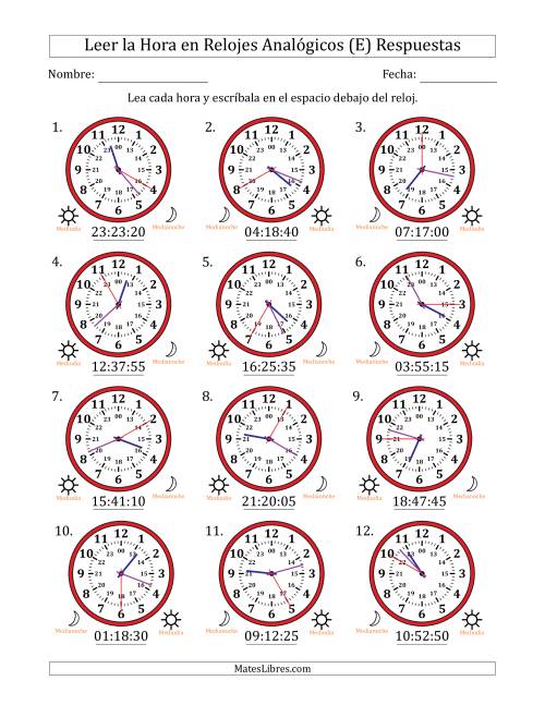 La hoja de ejercicios de Leer la Hora en Relojes Analógicos de 24 Horas en Intervalos de 5 Segundo (12 Relojes) (E) Página 2