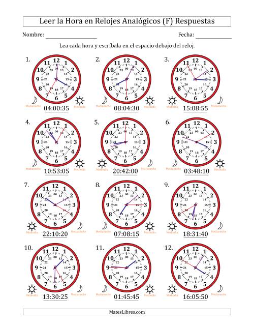 La hoja de ejercicios de Leer la Hora en Relojes Analógicos de 24 Horas en Intervalos de 5 Segundo (12 Relojes) (F) Página 2