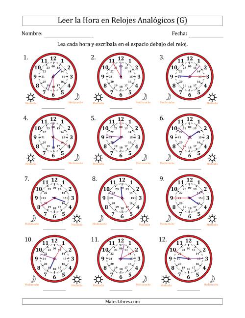 La hoja de ejercicios de Leer la Hora en Relojes Analógicos de 24 Horas en Intervalos de 5 Segundo (12 Relojes) (G)