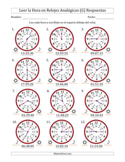 La hoja de ejercicios de Leer la Hora en Relojes Analógicos de 24 Horas en Intervalos de 5 Segundo (12 Relojes) (G) Página 2