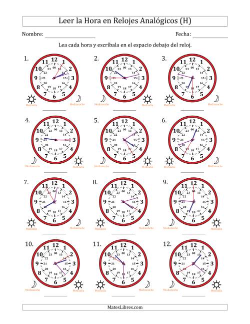 La hoja de ejercicios de Leer la Hora en Relojes Analógicos de 24 Horas en Intervalos de 5 Segundo (12 Relojes) (H)
