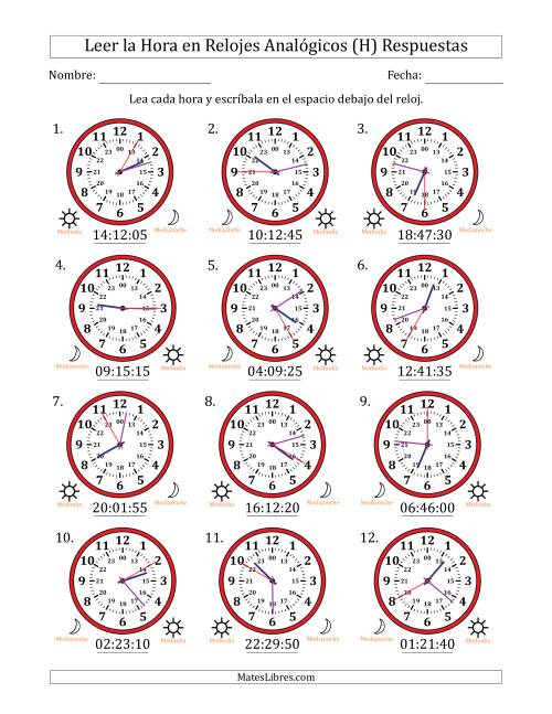La hoja de ejercicios de Leer la Hora en Relojes Analógicos de 24 Horas en Intervalos de 5 Segundo (12 Relojes) (H) Página 2