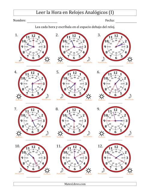 La hoja de ejercicios de Leer la Hora en Relojes Analógicos de 24 Horas en Intervalos de 5 Segundo (12 Relojes) (I)