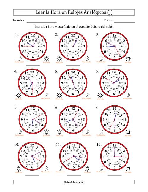 La hoja de ejercicios de Leer la Hora en Relojes Analógicos de 24 Horas en Intervalos de 5 Segundo (12 Relojes) (J)
