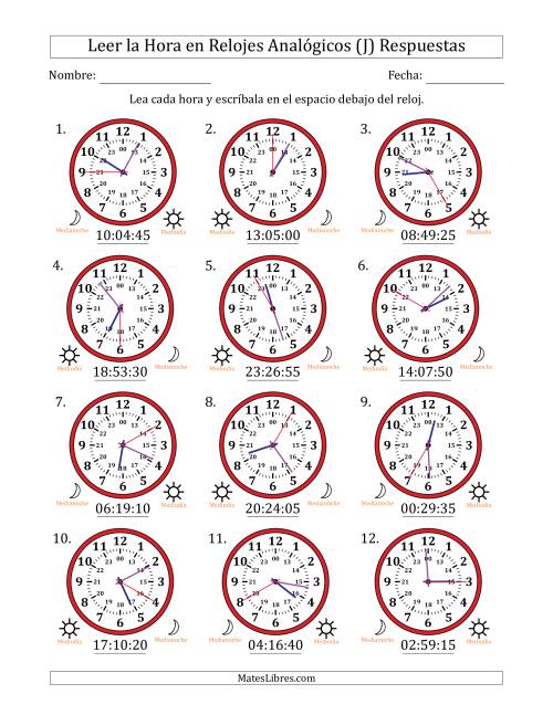 La hoja de ejercicios de Leer la Hora en Relojes Analógicos de 24 Horas en Intervalos de 5 Segundo (12 Relojes) (J) Página 2