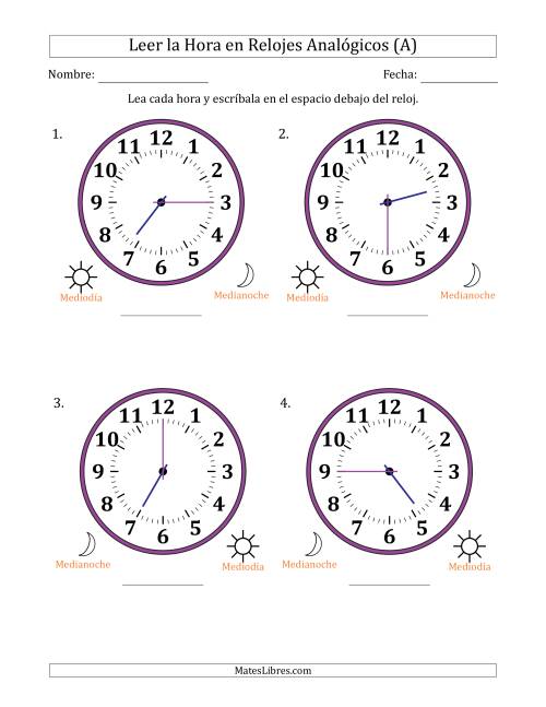 La hoja de ejercicios de Leer la Hora en Relojes Analógicos de 12 Horas en Intervalos de 15 Minuto (4 Relojes Grandes) (A)