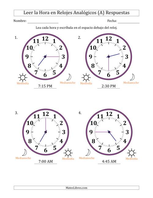 La hoja de ejercicios de Leer la Hora en Relojes Analógicos de 12 Horas en Intervalos de 15 Minuto (4 Relojes Grandes) (A) Página 2