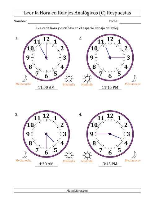 La hoja de ejercicios de Leer la Hora en Relojes Analógicos de 12 Horas en Intervalos de 15 Minuto (4 Relojes Grandes) (C) Página 2