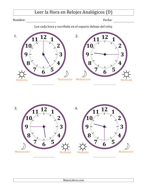 La hoja de ejercicios de Leer la Hora en Relojes Analógicos de 12 Horas en Intervalos de 15 Minuto (4 Relojes Grandes) (D)