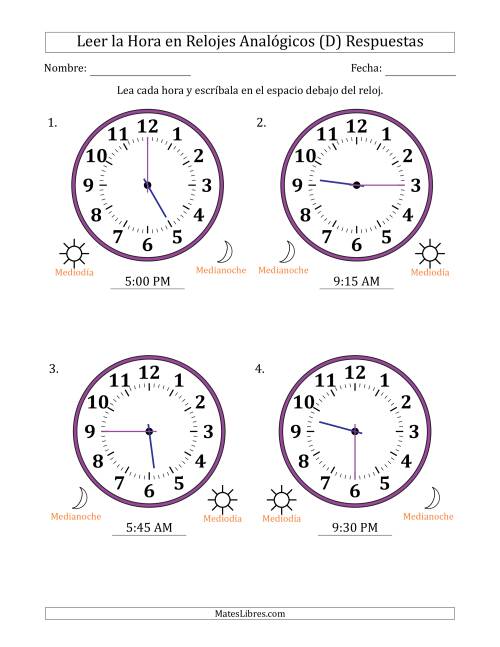 La hoja de ejercicios de Leer la Hora en Relojes Analógicos de 12 Horas en Intervalos de 15 Minuto (4 Relojes Grandes) (D) Página 2