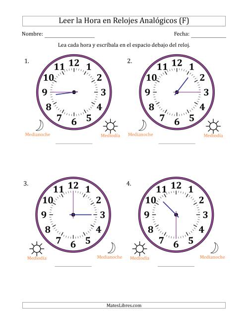 La hoja de ejercicios de Leer la Hora en Relojes Analógicos de 12 Horas en Intervalos de 15 Minuto (4 Relojes Grandes) (F)