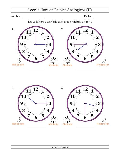 La hoja de ejercicios de Leer la Hora en Relojes Analógicos de 12 Horas en Intervalos de 15 Minuto (4 Relojes Grandes) (H)