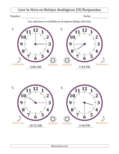 La hoja de ejercicios de Leer la Hora en Relojes Analógicos de 12 Horas en Intervalos de 15 Minuto (4 Relojes Grandes) (H) Página 2