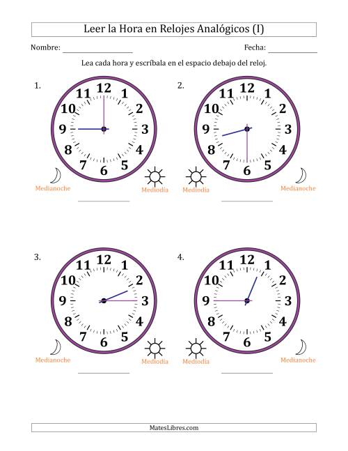 La hoja de ejercicios de Leer la Hora en Relojes Analógicos de 12 Horas en Intervalos de 15 Minuto (4 Relojes Grandes) (I)