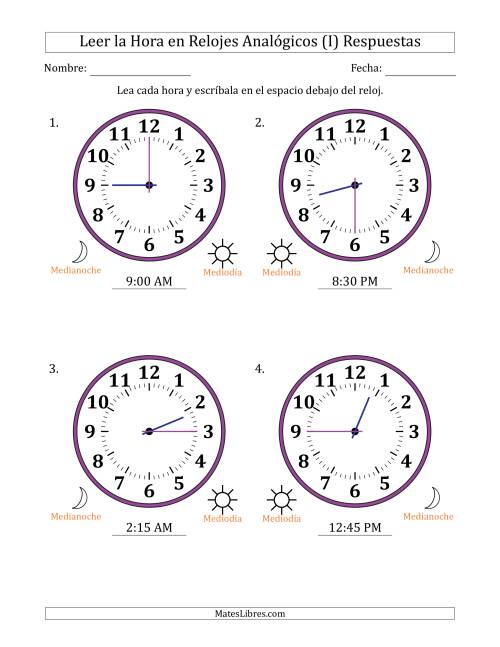 La hoja de ejercicios de Leer la Hora en Relojes Analógicos de 12 Horas en Intervalos de 15 Minuto (4 Relojes Grandes) (I) Página 2